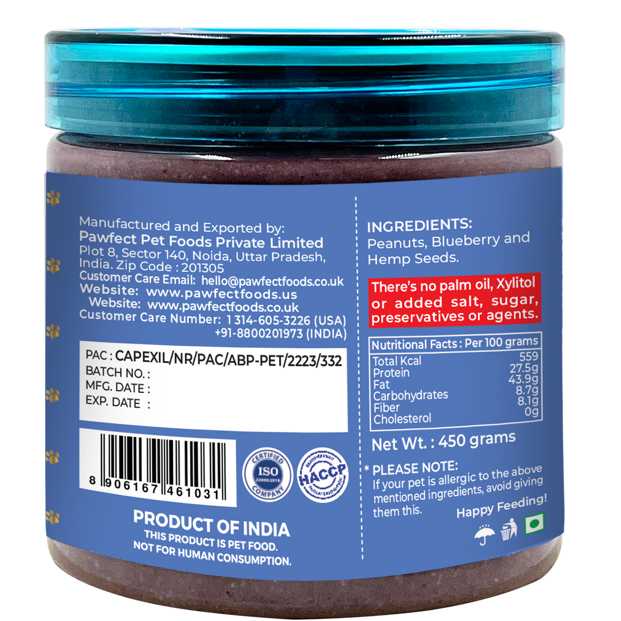 Pawfect Peanut Butter for Dogs: Blueberry & Hempseeds