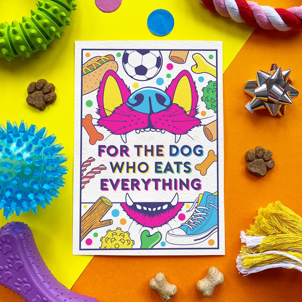 A square printed card or poster with a colorful cartoon dog face and the text 'FOR THE DOG WHO EATS EVERYTHING' is centered on a bright yellow and orange background, surrounded by dog toys, treats, and a gift box.