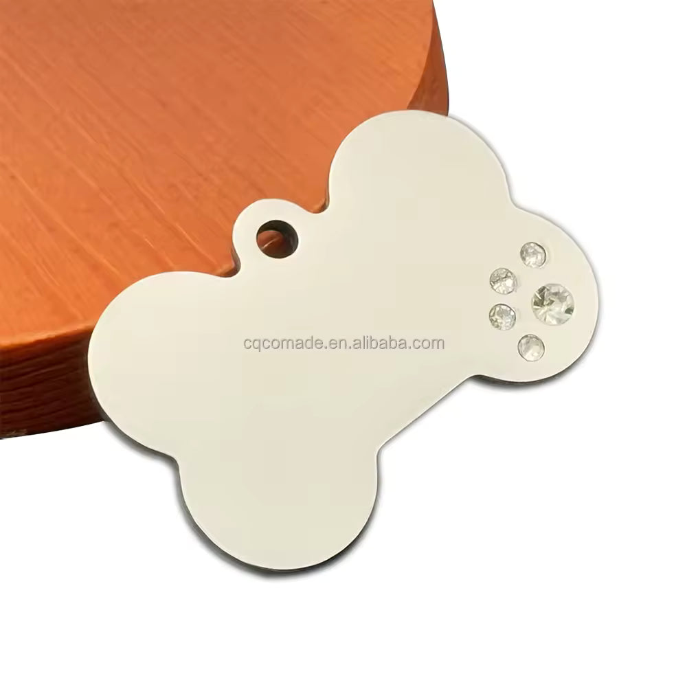 Stainless Steel Blank Bone Tag With Diamond Custom Pet ID Tag Dog Tags 36x24x1.8 mm