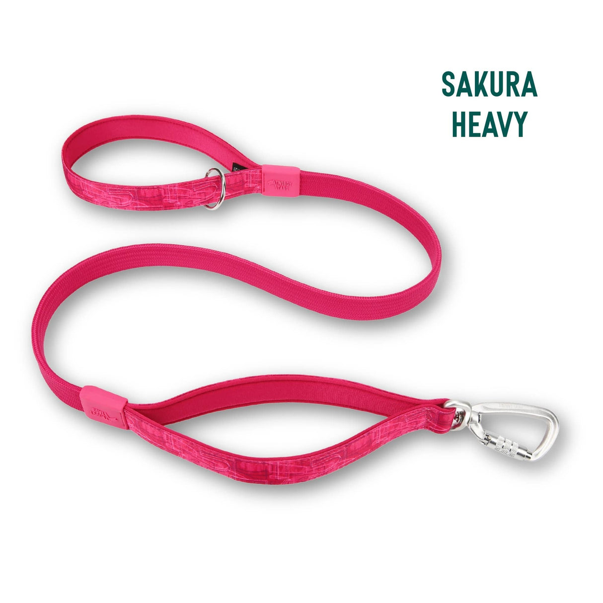 A bright pink dog leash with a silver carabiner clip and metal buckle, shown on a white background with the text 'SAKURA HEAVY' in the top right corner.