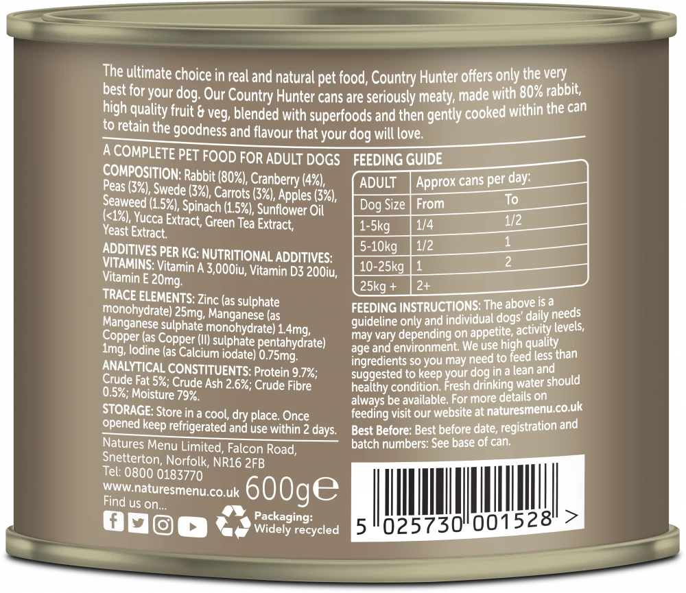 Natures Menu Country Hunter Rabbit With Superfoods Adult Dog Food Can 600g