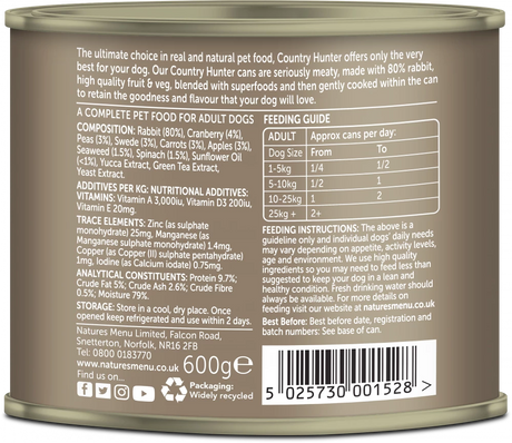 Natures Menu Country Hunter Rabbit With Superfoods Adult Dog Food Can 600g