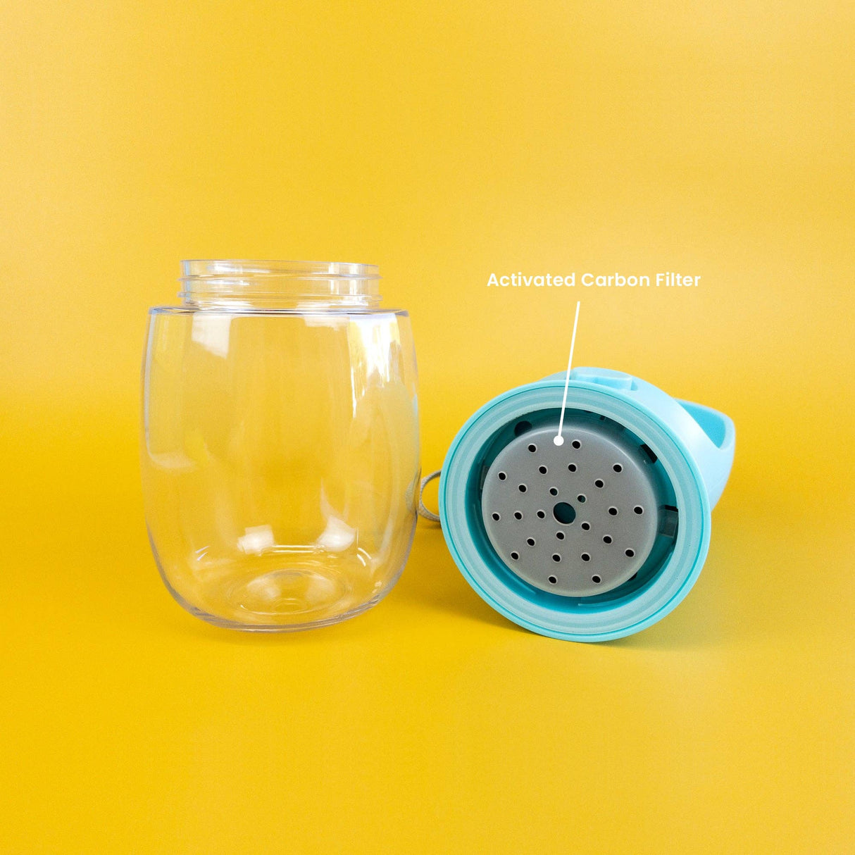 Clear glass mug with blue filter on a yellow background