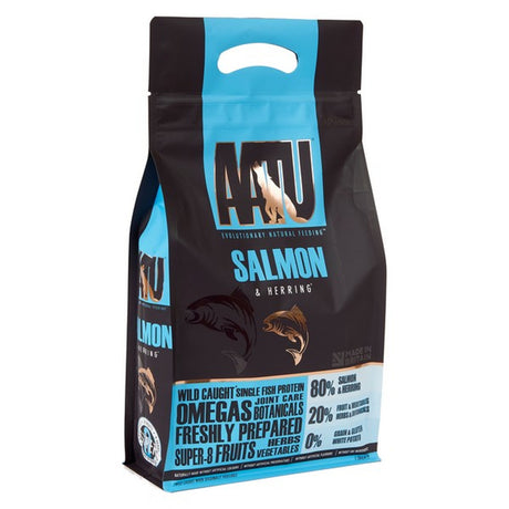 AATU brand dog adult dry food in a package with salmon and herbing as a description, with images of salmon on the package.