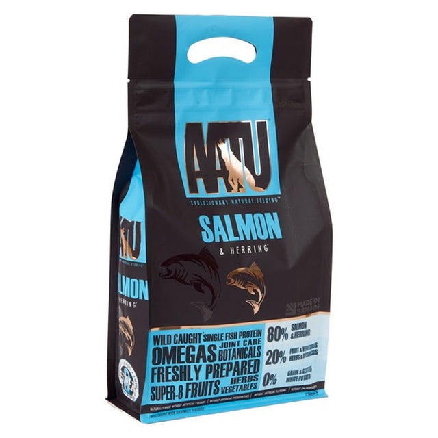 AATU brand dog adult dry food in a package with salmon and herbing as a description, with images of salmon on the package.