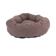 A round, plush pet bed in a textured brown corduroy fabric, shown from a front angle on a solid white background.