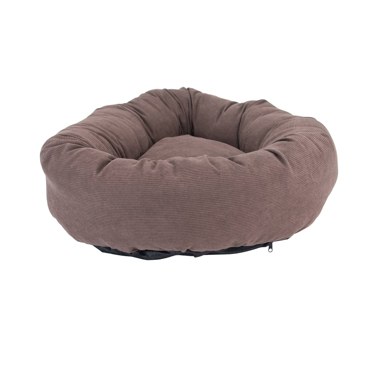 A round, plush pet bed in a textured brown corduroy fabric, shown from a front angle on a solid white background.