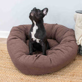 A black French Bulldog sitting in a round, plush brown dog bed on a woven rug.