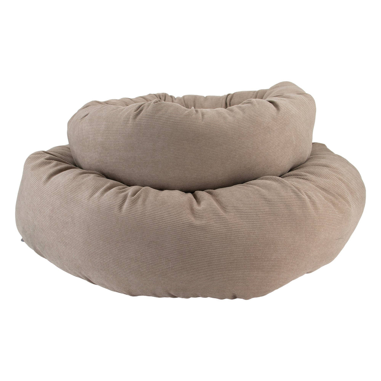 Beige donut-shaped pet bed on a white background
