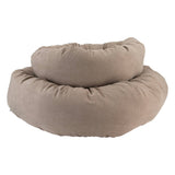 Beige donut-shaped pet bed on a white background