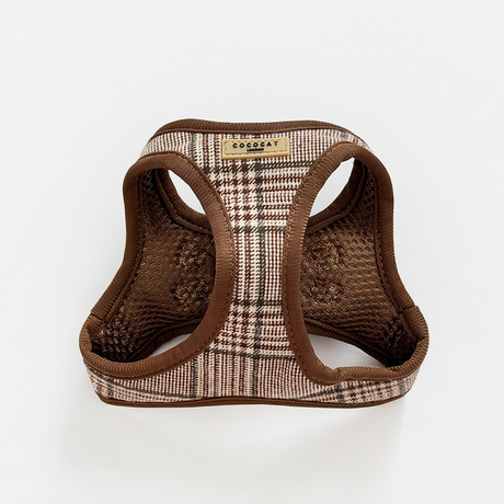Brown plaid pet harness on a white background