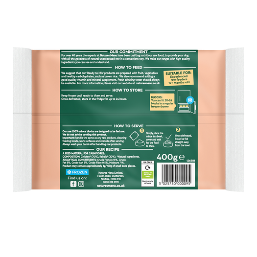 Natures Menu Frozen Mince Ready to mix 100% Chicken & Rabbit block - In Shop or Pickup only