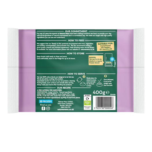 Natures Menu Frozen Mince Turkey 400g - In Shop or Pickup only
