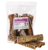 Packaged Beef tracheadog treats in a clear plastic bag, with several individual treats visible in different sizes.