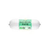 A roll of JR Pet Pure Salmon Pate packaging with product details visible on the label.