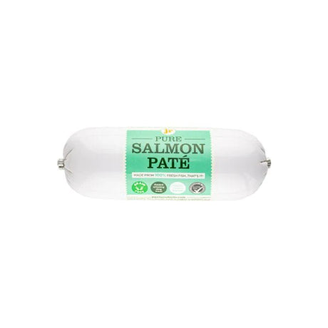 A roll of JR Pet Pure Salmon Pate packaging with product details visible on the label.
