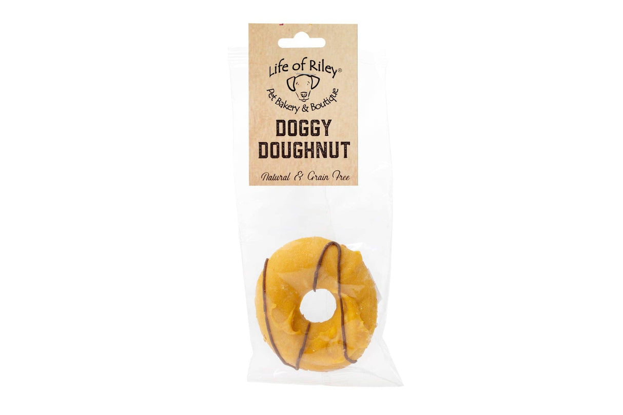 Doggy doughnut packaging with 'Life of Riley' branding on a white background