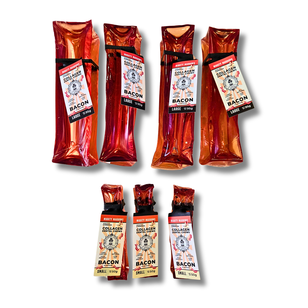 Multiple packages of bacon chews with labels on a white background
