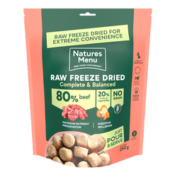 Natures Menu raw freeze-dried pet food package with ingredients listed on a white background