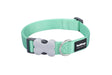 Green dog collar with a gray bone-shaped tag on a white background
