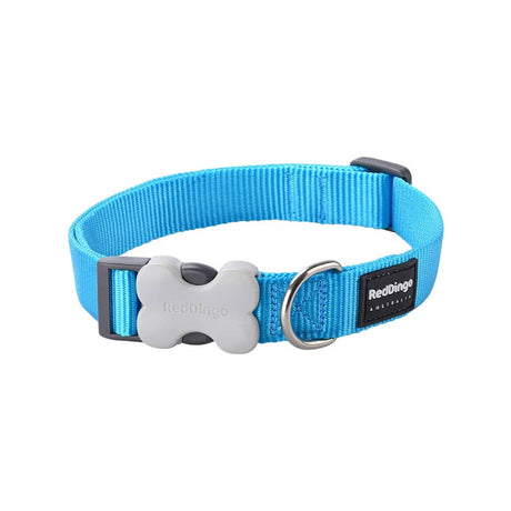 Blue dog collar with a gray bone-shaped buckle and brand label on a white background
