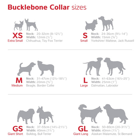Bucklebone Collar size chart with dog illustrations and measurements.