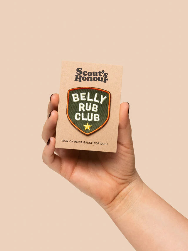 Scout's Honour Belly Rub Club iron-on patch for dogs