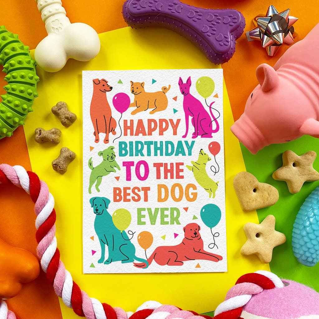 A square birthday card with colorful cartoon dogs and the text 'HAPPY BIRTHDAY TO THE BEST DOG EVER,' surrounded by dog toys and treats on bright orange and yellow surfaces.