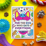 A square printed card or poster with a colorful cartoon dog face and the text 'FOR THE DOG WHO EATS EVERYTHING' is centered on a bright yellow and orange background, surrounded by dog toys, treats, and a gift box.