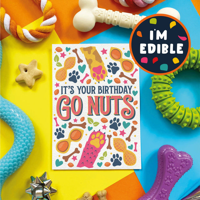 A square birthday card for a dog with the text 'IT'S YOUR BIRTHDAY GO NUTS' surrounded by colorful dog treats, bones, paw prints, and stars. The card is styled in a flat-lay arrangement with various dog toys on a bright, multi-colored background.
