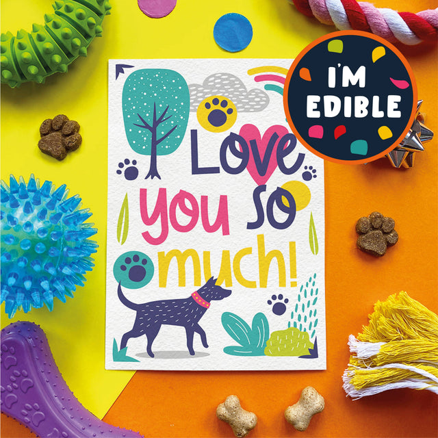 A square white card with colorful dog-themed artwork reading 'Love you so much!' is shown on a bright yellow and orange background with pet toys and treats around it. A round badge in the top right says 'I'M EDIBLE'.
