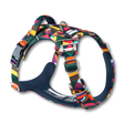 Colorful dog harness with geometric pattern on a white background