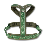 Green dog harness with a topographic pattern on a white background
