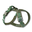 Green and brown patterned dog harness on a white background