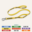 Yellow dog leash with text on a white background