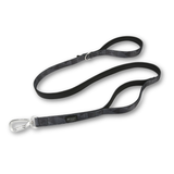 Black dog leash with metal clip on a white background