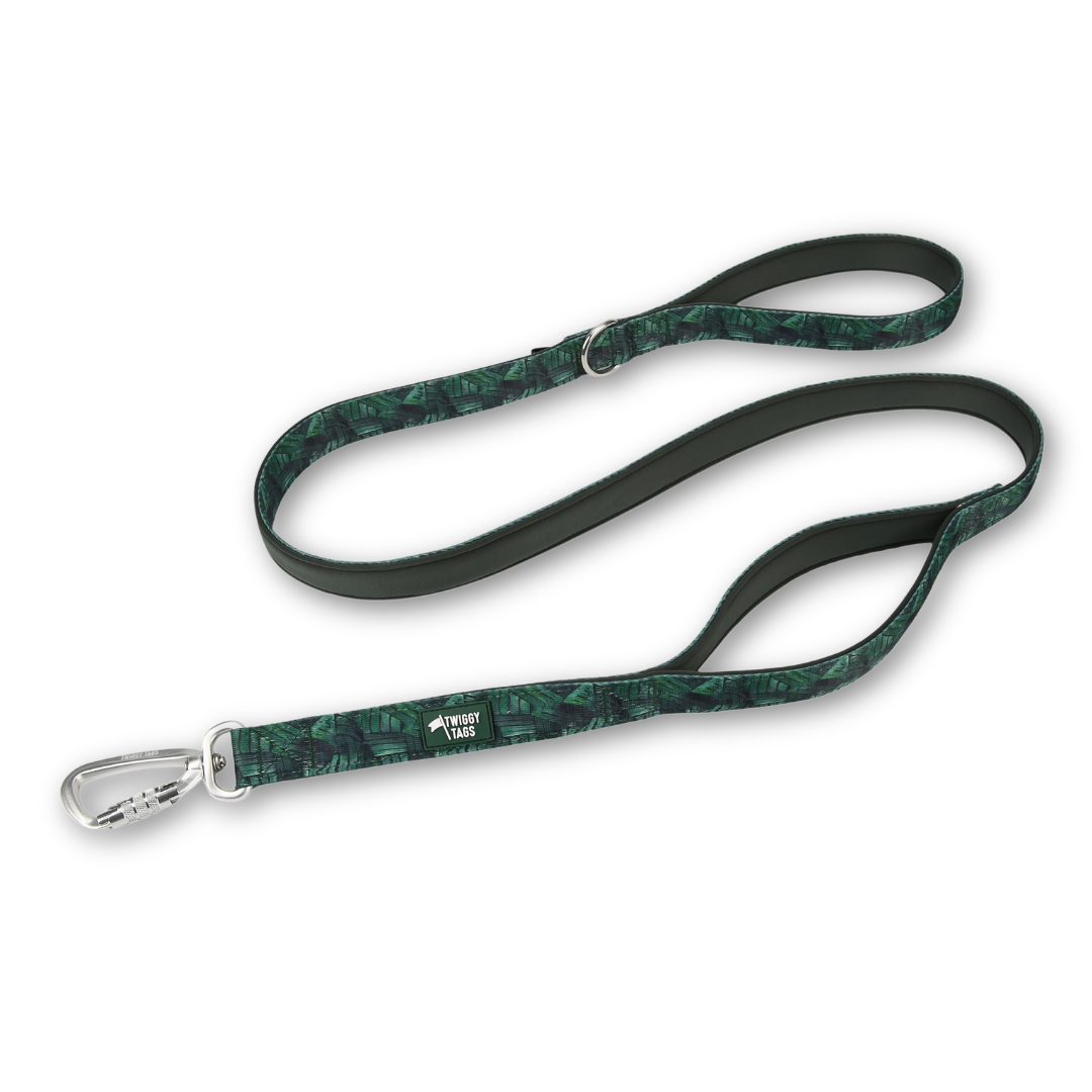 A dog leash with a green and black camouflage pattern, featuring a silver metal carabiner on one end and a solid black padded handle on the other, displayed on a clean white background.