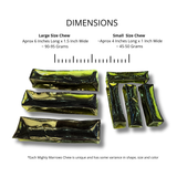 Dimensions of large and small size chews with measurement scale and weight range.