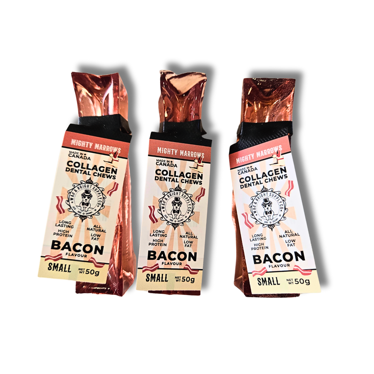 Three packages of bacon-flavored collagen dental chews on a white background.
