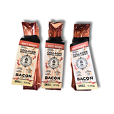 Three packages of bacon-flavored collagen dental chews on a white background.