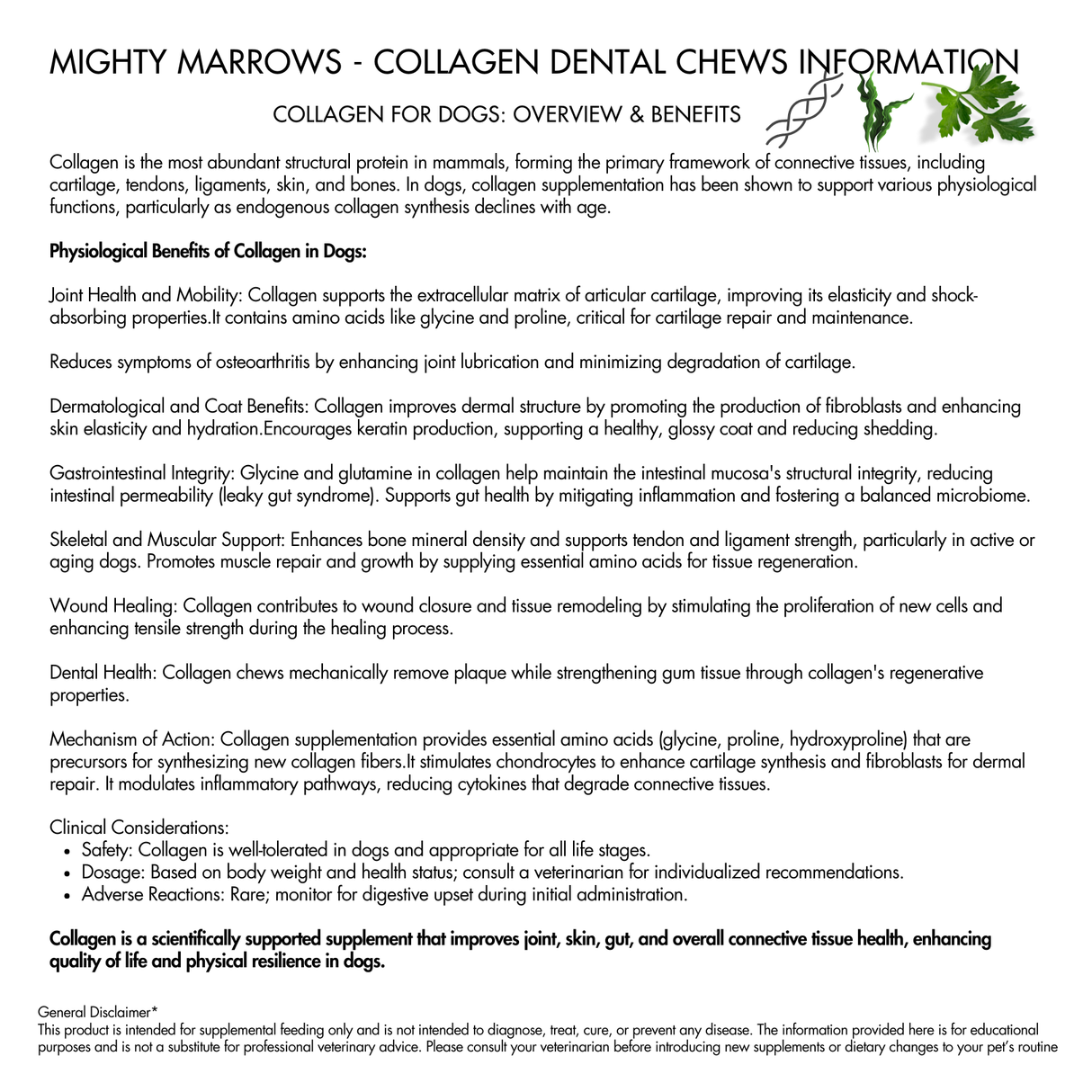 Collagen dental chews information for dogs with text and graphics.