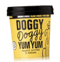 A container of Doggy Doggy Yum Yum organic iced treat for dogs, peanut butter & banana flavor, with a black lid and a yellow label.