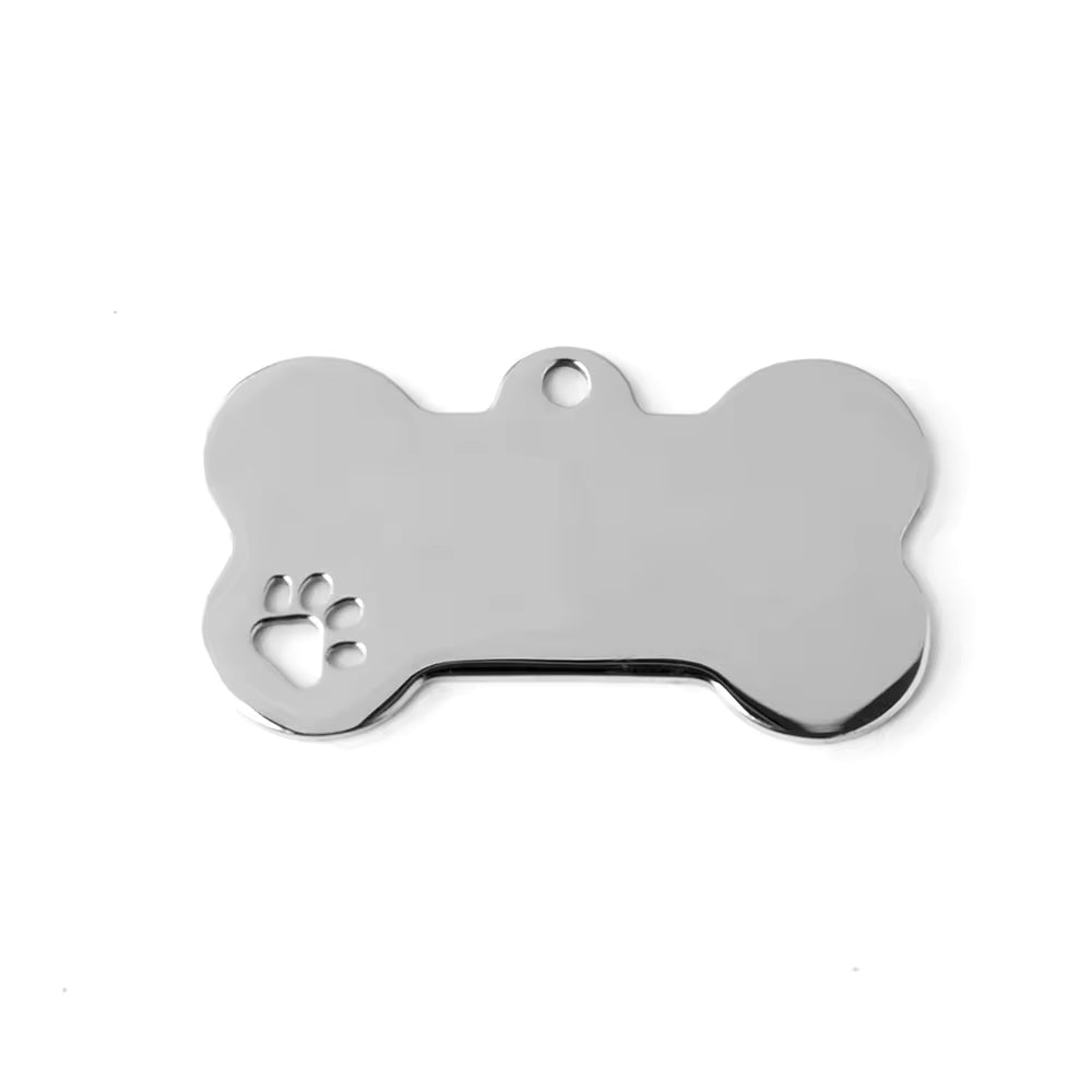 Personalised Bone Dog Tag Stainless Steel Hollow-out Paw Print Pet ID Tag SILVER
