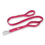 Pink dog leash with a silver clasp on a white background