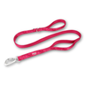 Pink dog leash with a silver clasp on a white background